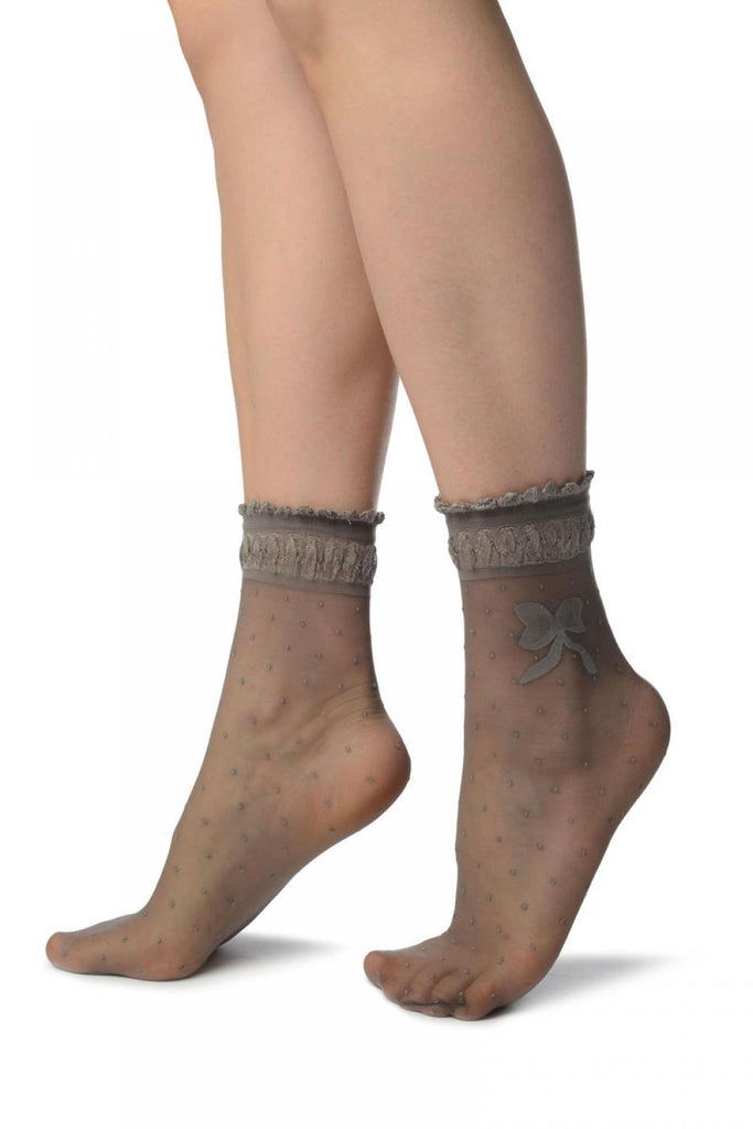 Liss Kiss Grey With Dots & Bow Comfort Top Ankle High Socks - Socks