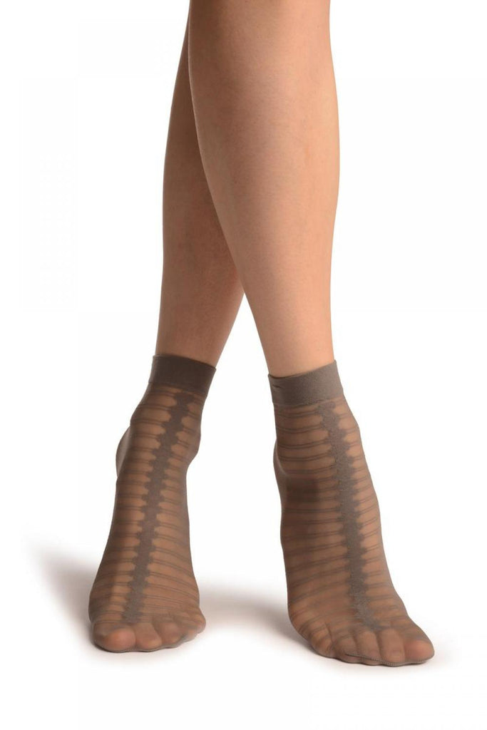 Liss Kiss Grey With Front Seam & Double Stripes Socks Ankle High - Socks