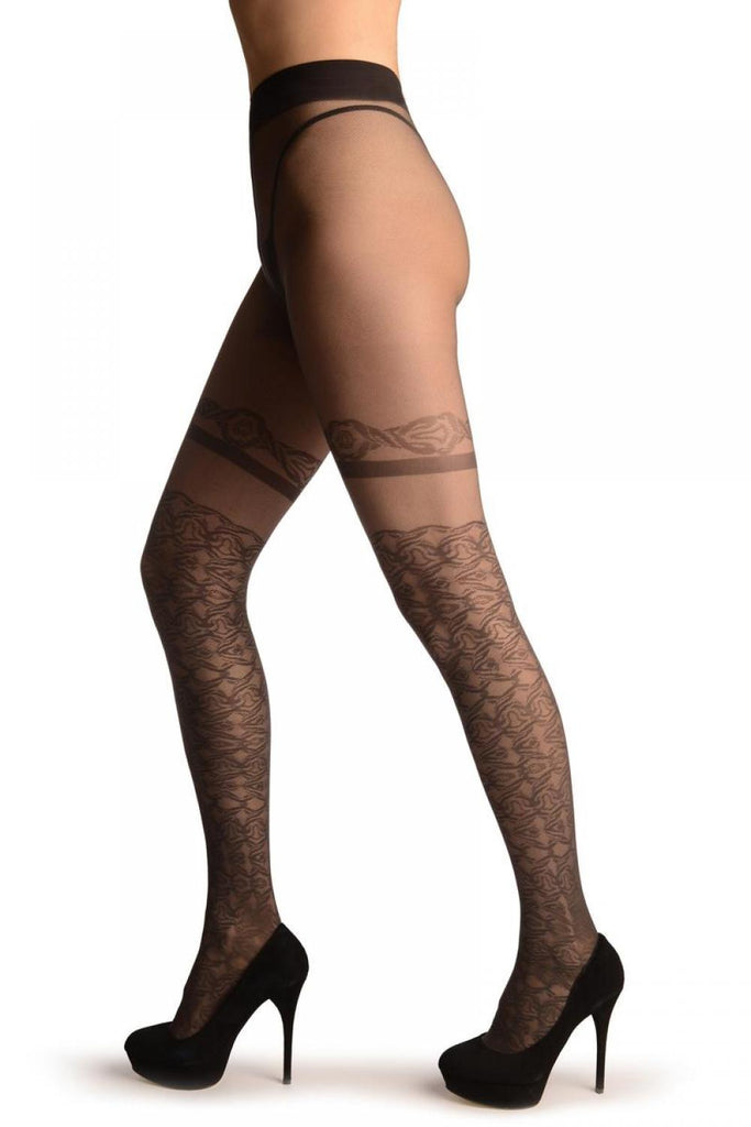 Liss Kiss Grey With Geometrical Faux Stockings & Garter - Tights