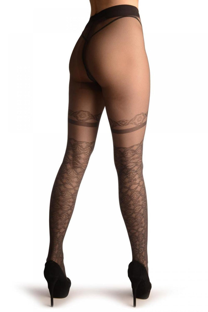 Liss Kiss Grey With Geometrical Faux Stockings & Garter - Tights