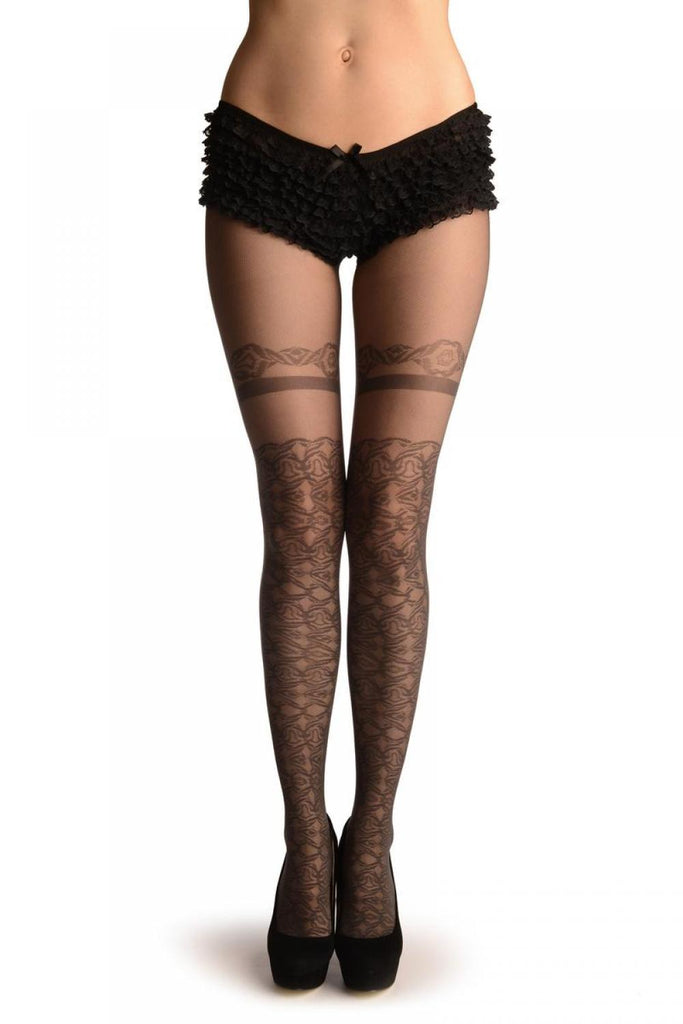 liss kiss Grey With Geometrical Faux Stockings & Garter - Tights