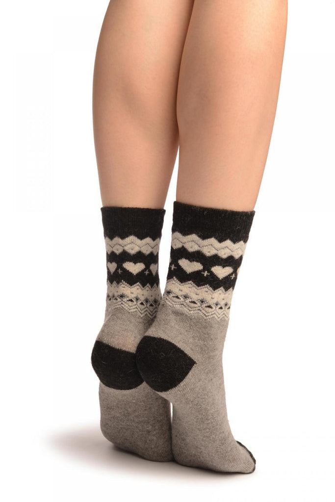 Liss Kiss Grey With Hearts & Black Top Angora Ankle High Socks - Socks