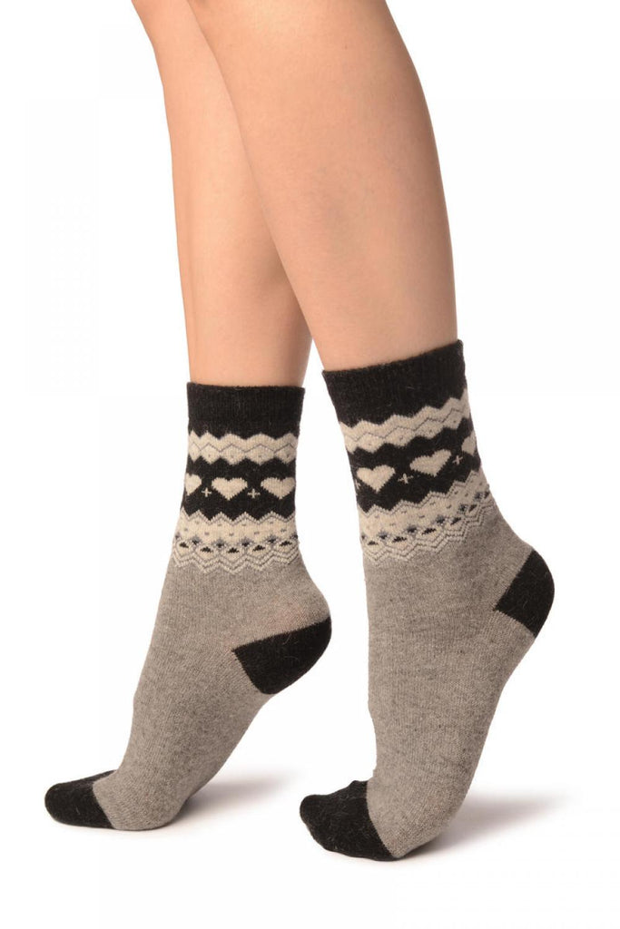Liss Kiss Grey With Hearts & Black Top Angora Ankle High Socks - Socks