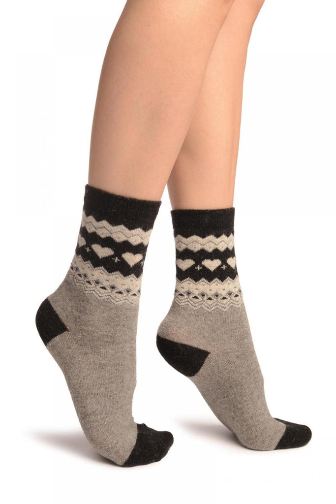 liss kiss Grey With Hearts & Black Top Angora Ankle High Socks - Socks