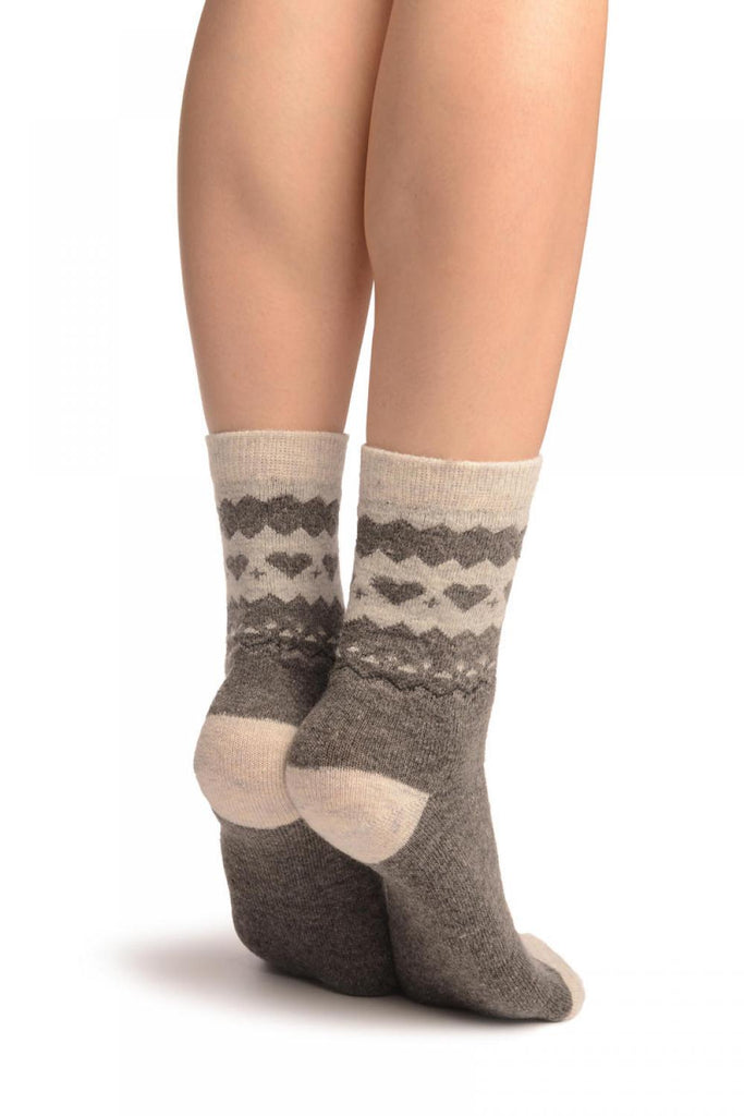 Liss Kiss Grey With Hearts & Light Grey Angora Ankle High Socks - Socks