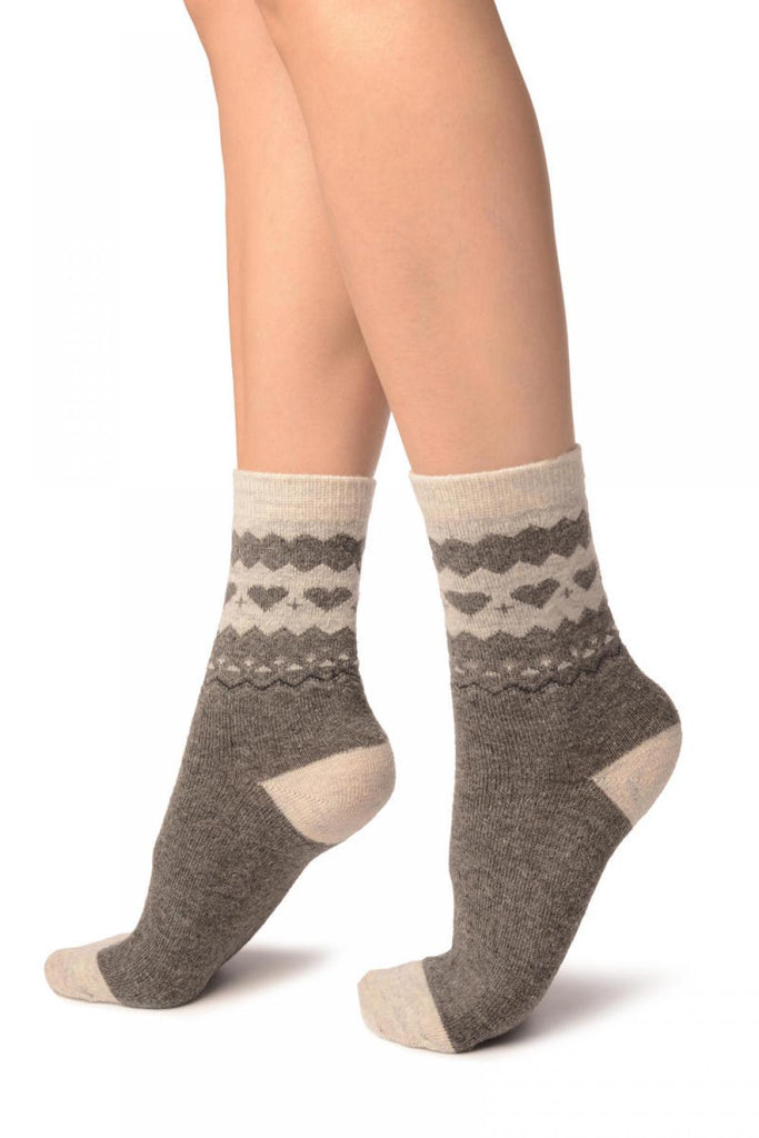 Liss Kiss Grey With Hearts & Light Grey Angora Ankle High Socks - Socks