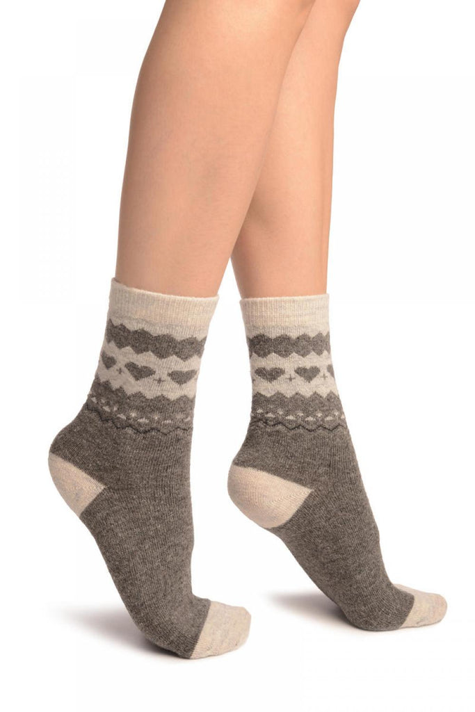 Liss Kiss Grey With Hearts & Light Grey Angora Ankle High Socks - Socks