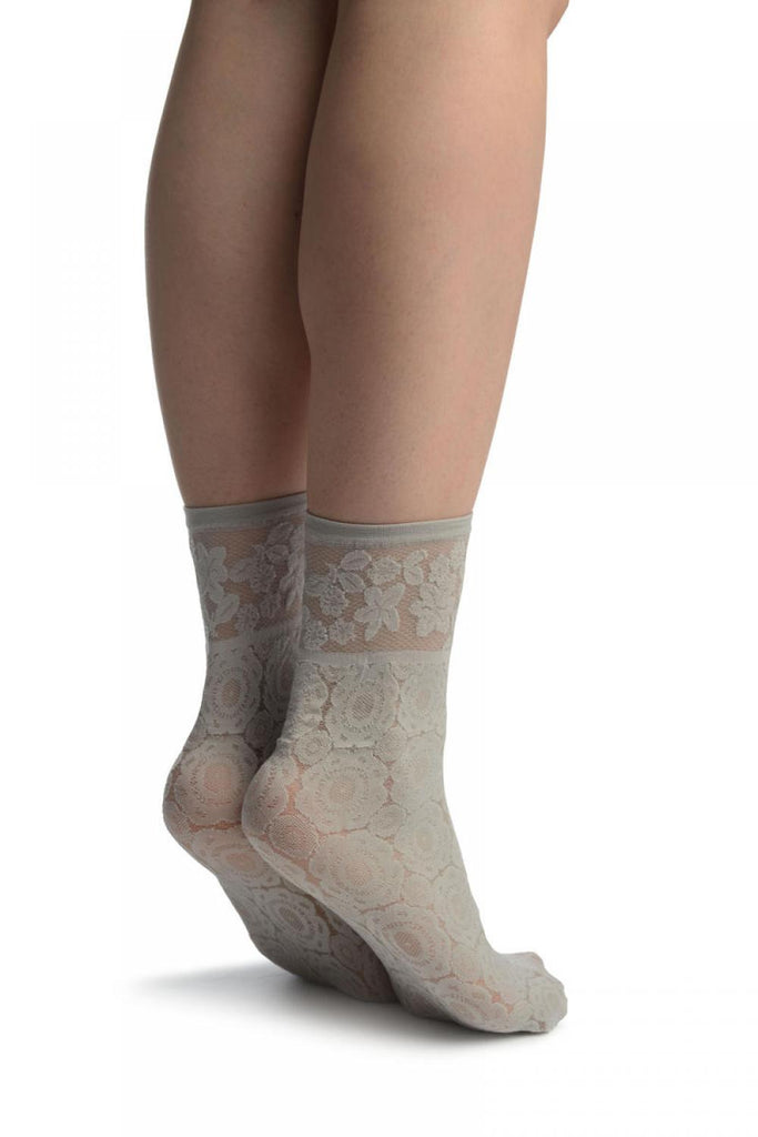 Liss Kiss Grey With Large Lace Flowers Ankle High Socks - Socks