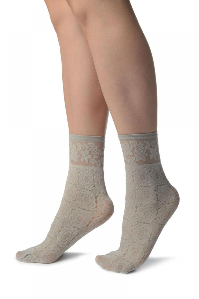 Liss Kiss Grey With Large Lace Flowers Ankle High Socks - Socks