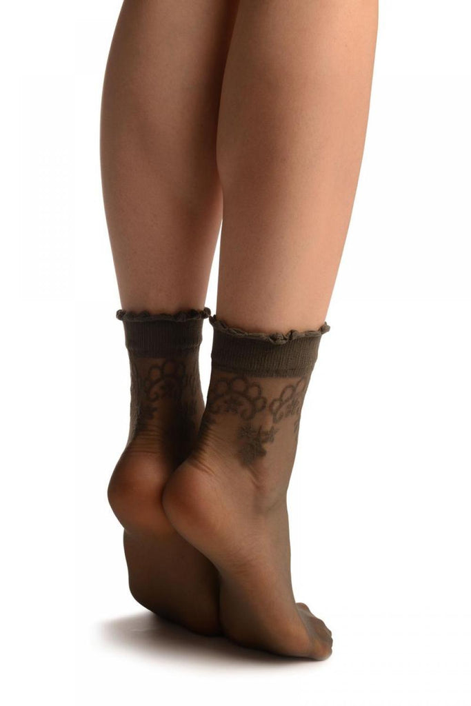 Liss Kiss Grey With Large Woven Flowers Top Ankle High Socks - Socks