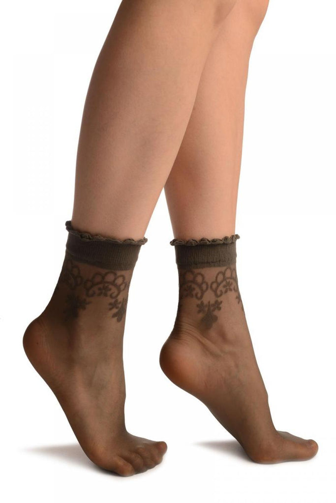 liss kiss Grey With Large Woven Flowers Top Ankle High Socks - Socks