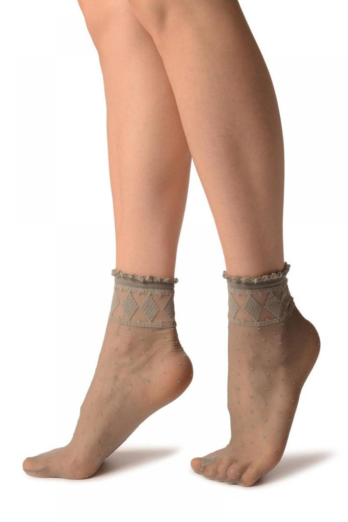Liss Kiss Grey With Little Dots And Diamonds Silky Comfort Top Ankle High Socks - Socks