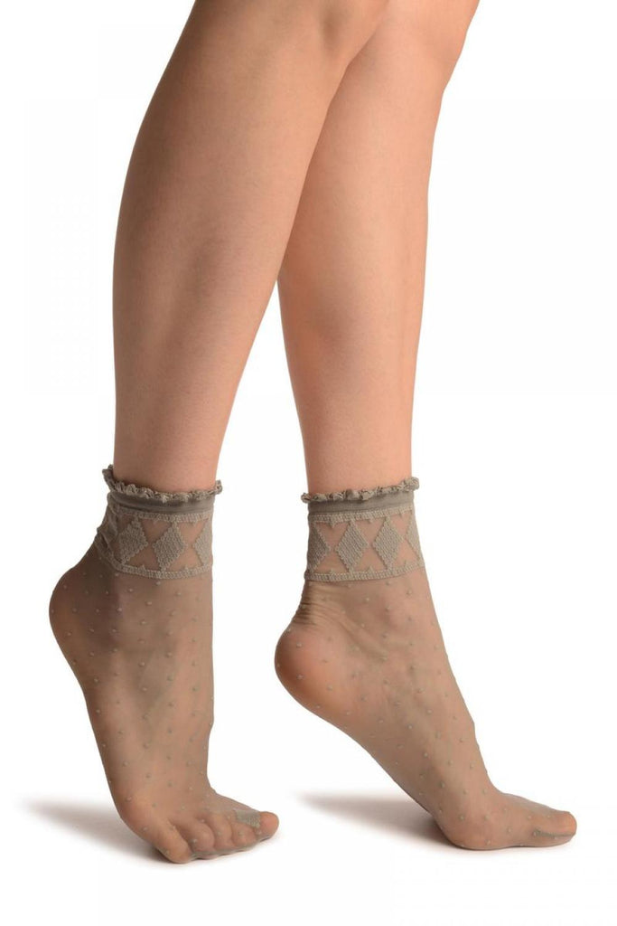Liss Kiss Grey With Little Dots And Diamonds Silky Comfort Top Ankle High Socks - Socks
