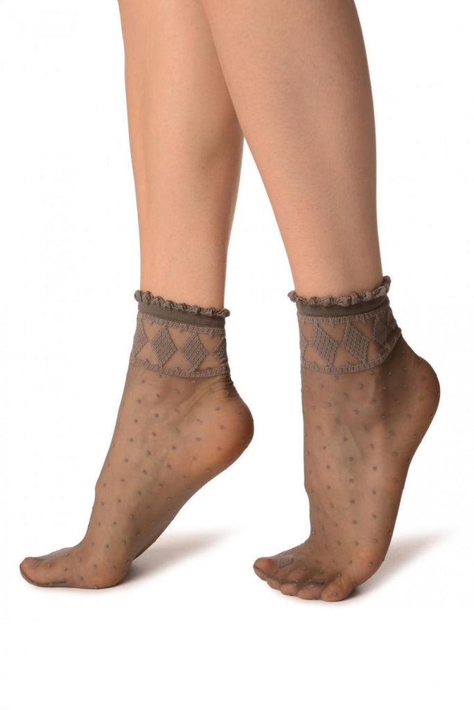 Liss Kiss Grey With Little Dots And Dimonds Silky Comfort Top Ankle High Socks - Socks