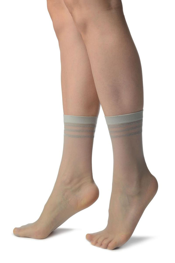Liss Kiss Grey With Lurex Striped Top Ankle High Socks - Socks