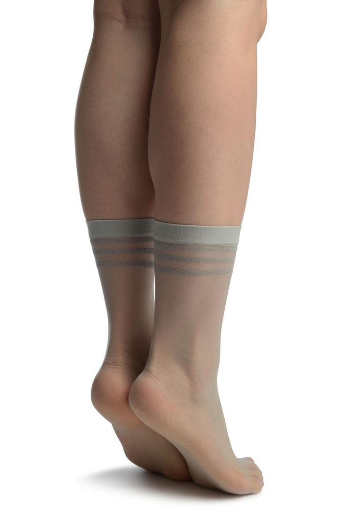 Liss Kiss Grey With Lurex Striped Top Ankle High Socks - Socks