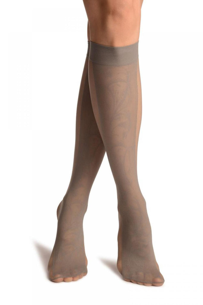 liss kiss Grey With Non Transparent Floral Seam Knee High Socks - Socks