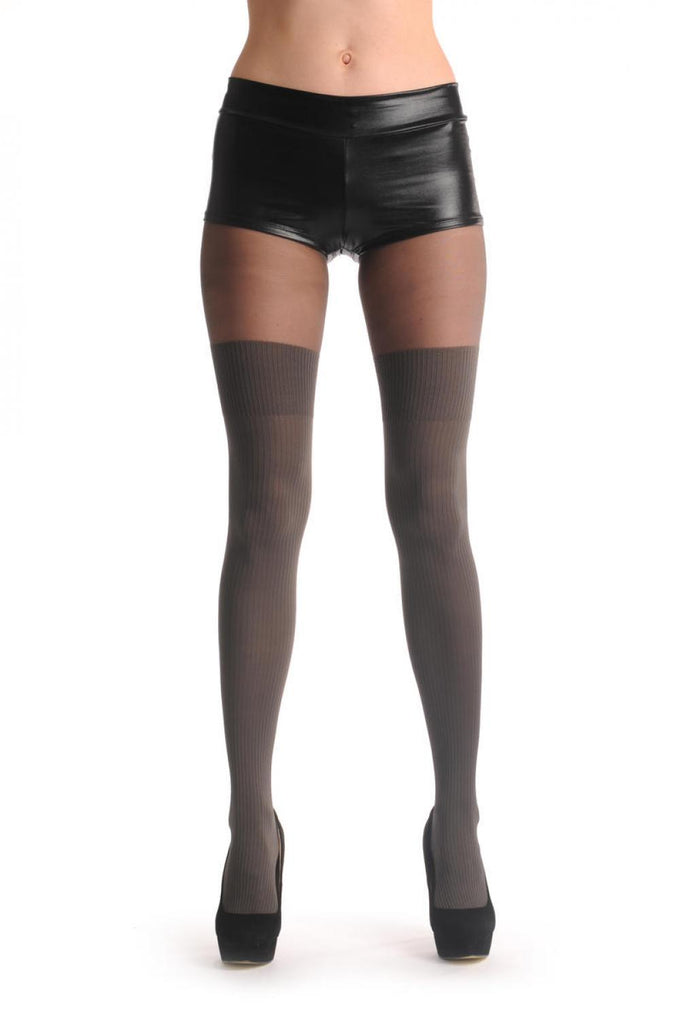 Liss Kiss Grey With Opaque Striped Over The Knee Sock & Darker Top 60 Den - Tights