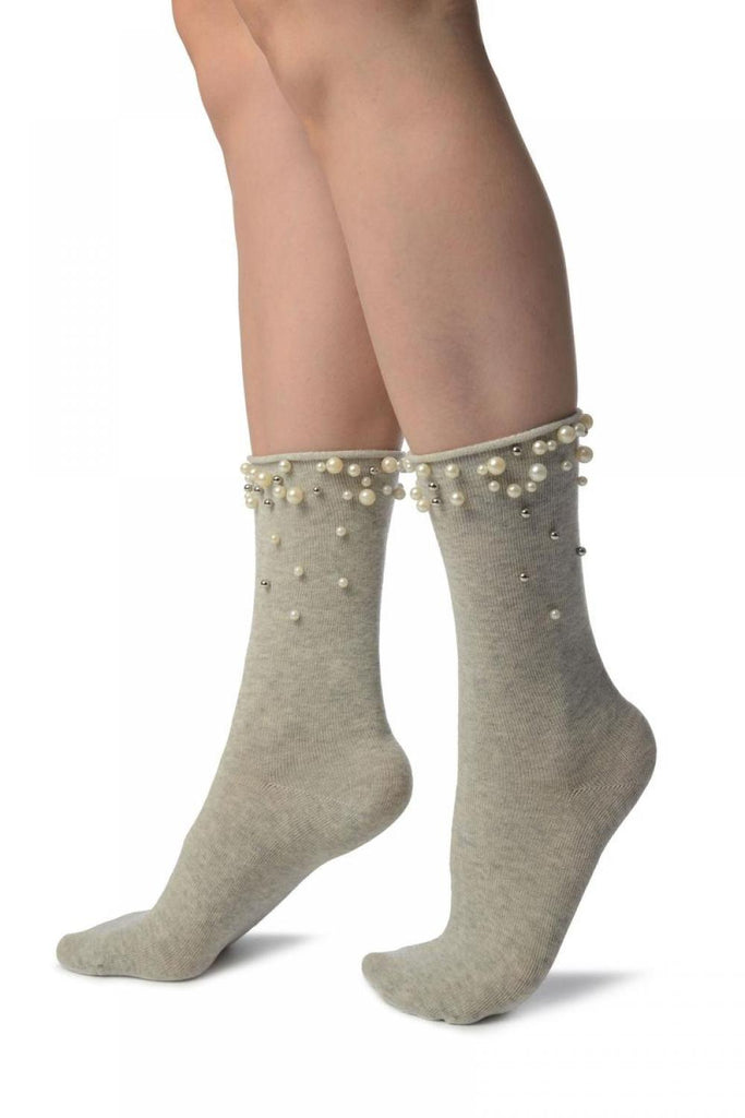 Liss Kiss Grey With Pearls And Silver Beads Ankle High Socks - Socks