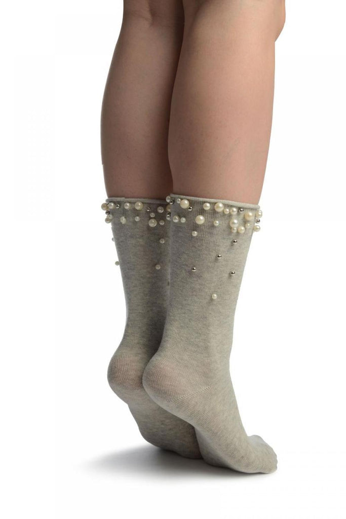 Liss Kiss Grey With Pearls And Silver Beads Ankle High Socks - Socks
