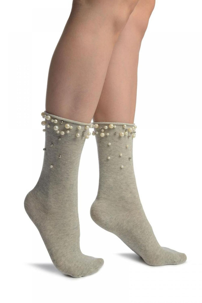 liss kiss Grey With Pearls and Silver Beads Ankle High Socks - Socks