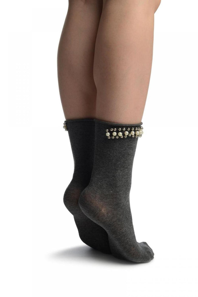 Liss Kiss Grey With Pearls And Silver Beads Stripe Ankle High Socks - Socks