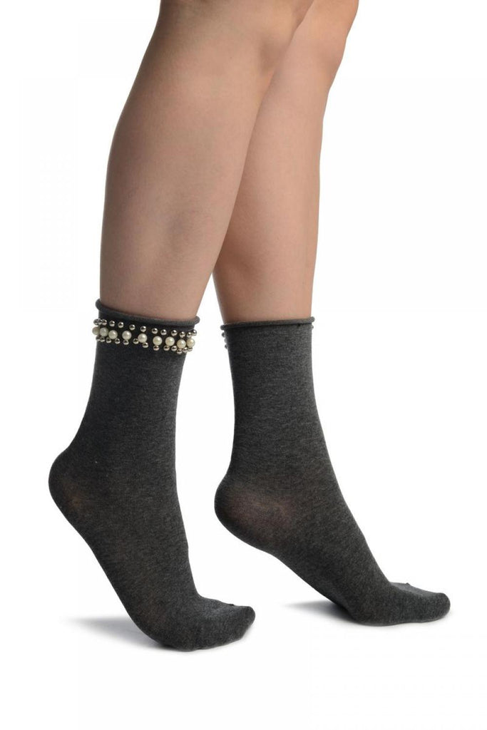 liss kiss Grey With Pearls and Silver Beads Stripe Ankle High Socks - Socks