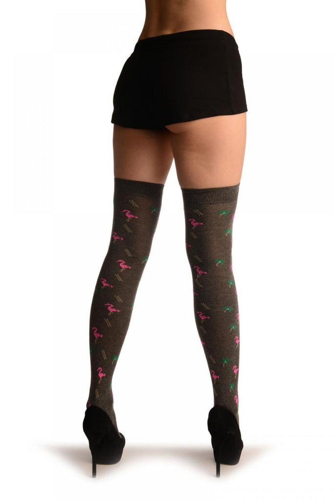 Liss Kiss Grey With Pink Flamingo - Over The Knee Socks