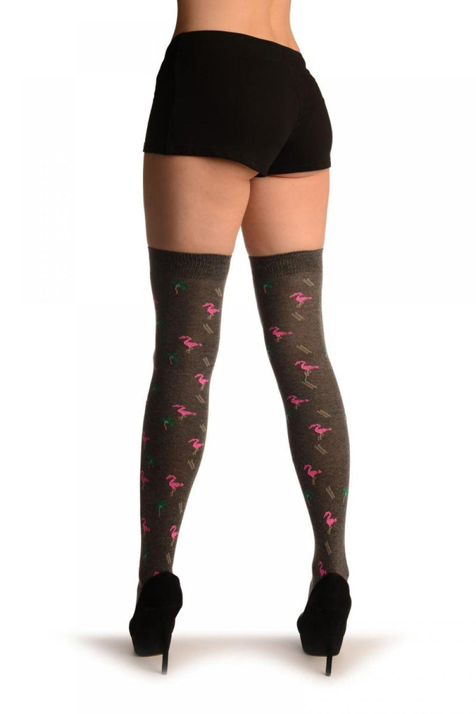 Liss Kiss Grey With Pink Flamingo - Over The Knee Socks