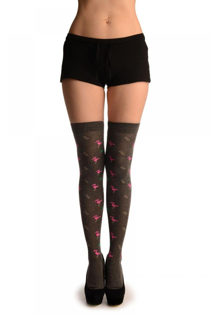 liss kiss Grey With Pink Flamingo - Over The Knee Socks