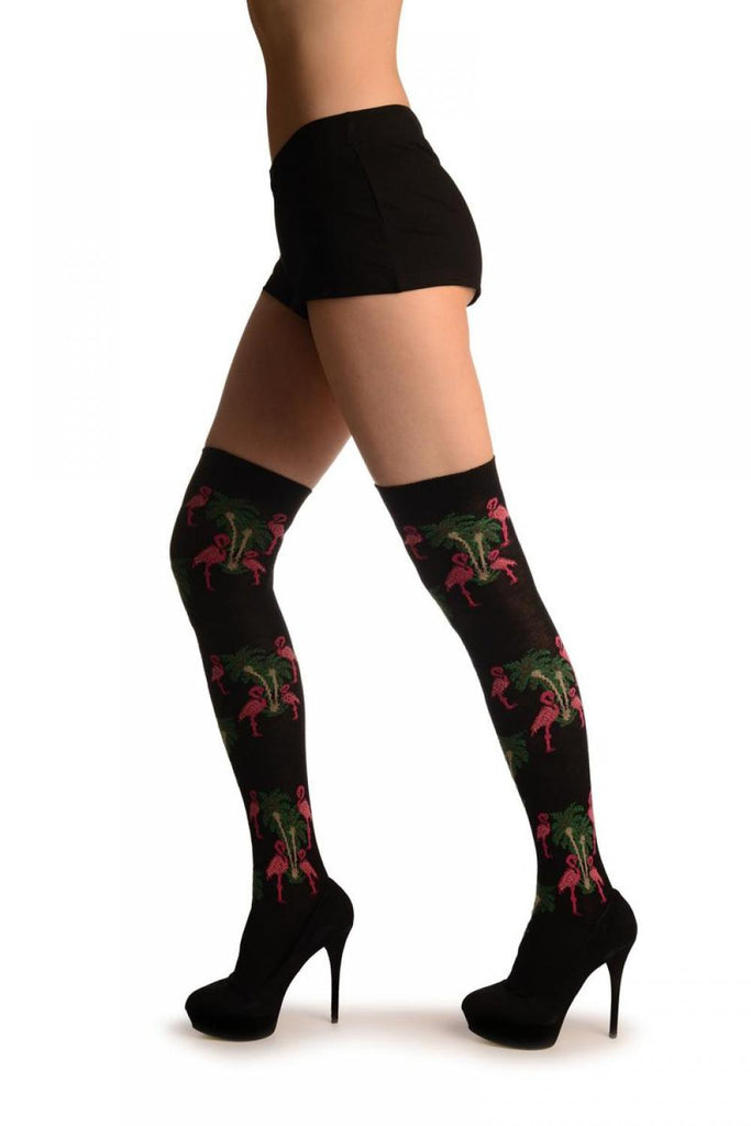 Liss Kiss Grey With Pink Flamingos & Palms - Over The Knee Socks