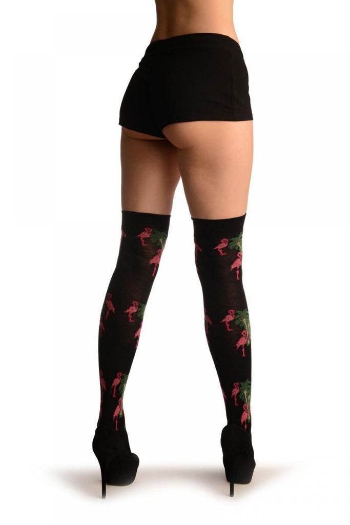 Liss Kiss Grey With Pink Flamingos & Palms - Over The Knee Socks