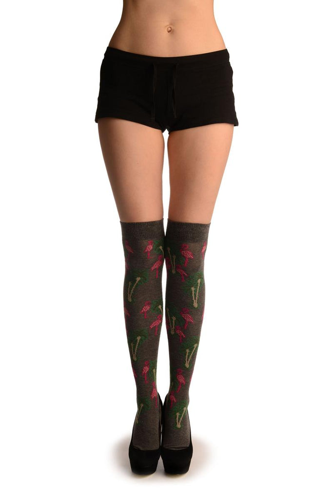 Liss Kiss Grey With Pink Flamingos & Palms - Over The Knee Socks