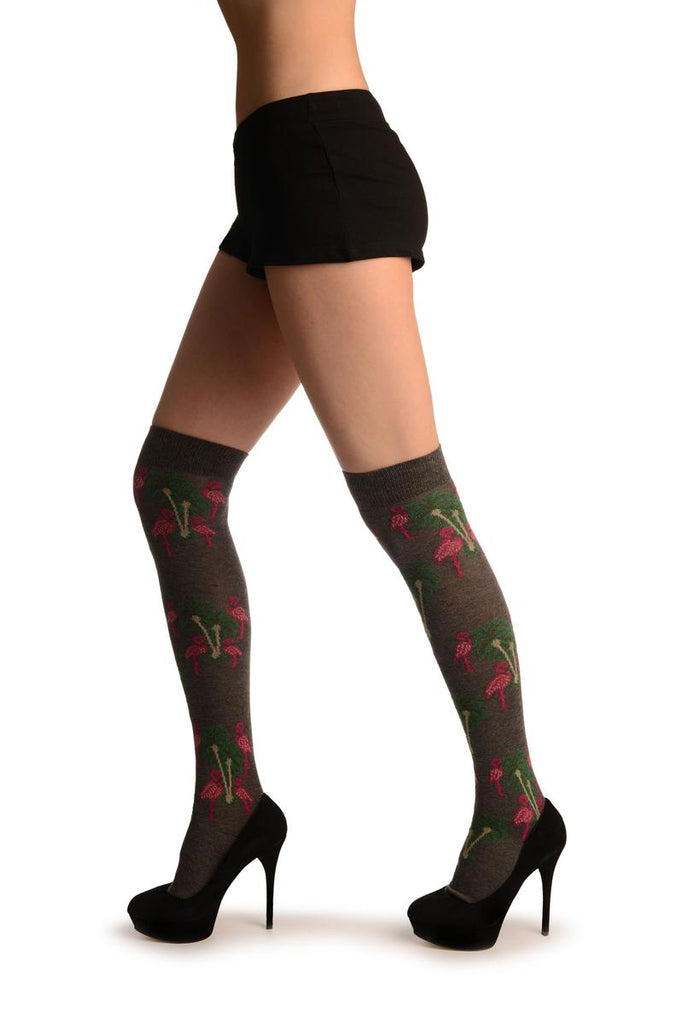 Liss Kiss Grey With Pink Flamingos & Palms - Over The Knee Socks