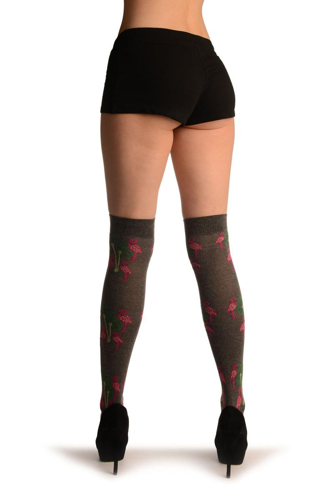 Liss Kiss Grey With Pink Flamingos & Palms - Over The Knee Socks