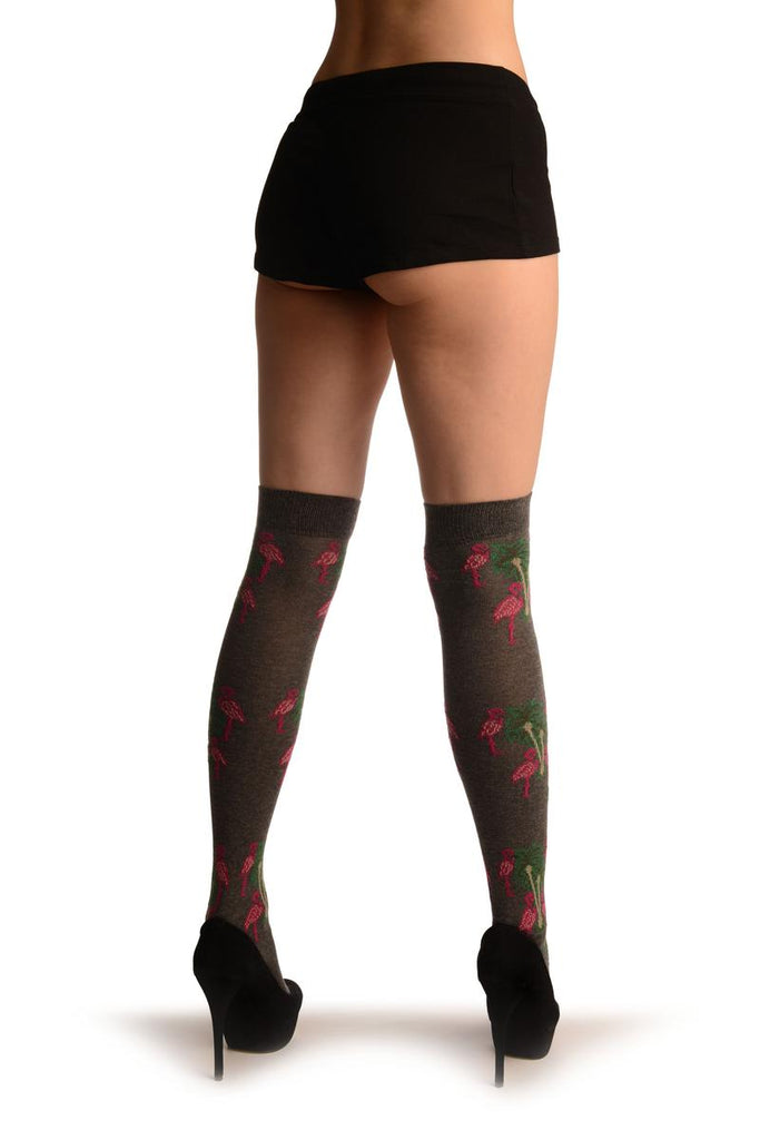 liss kiss Grey With Pink Flamingos & Palms - Over The Knee Socks