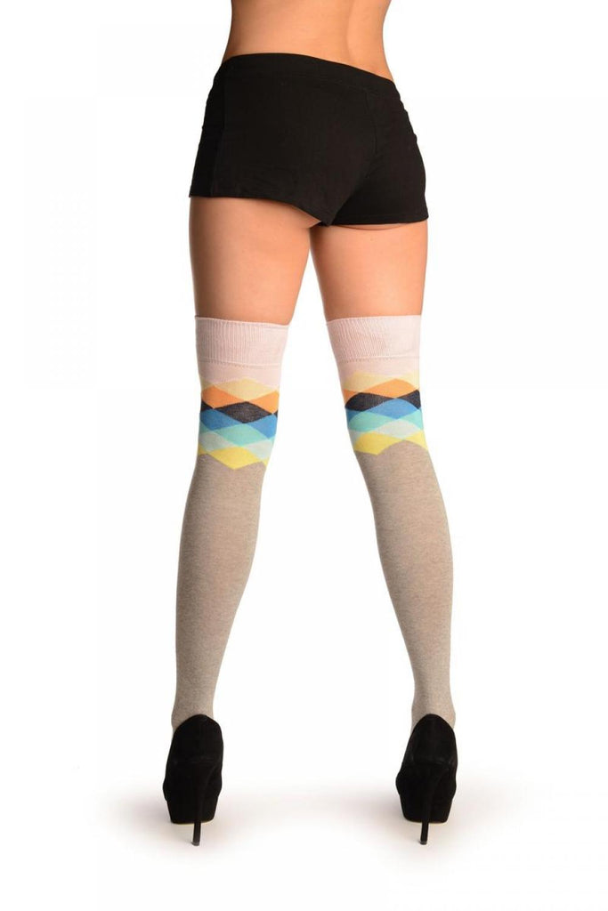 Liss Kiss Grey With Pink Harlequin Top Over The Knee Socks - Over The Knee Socks