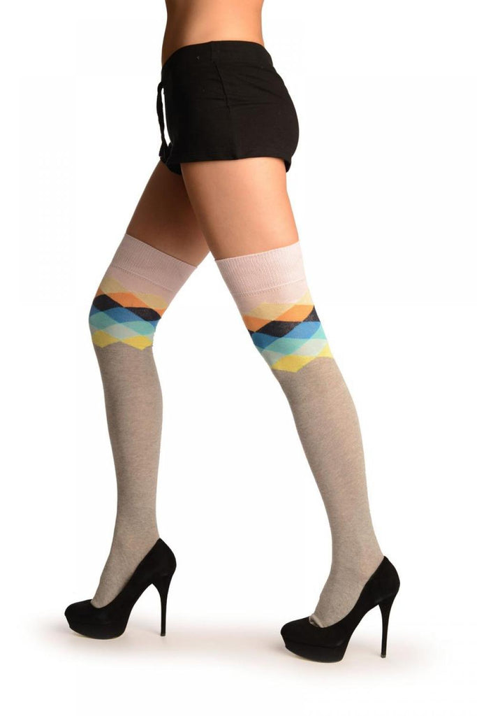 Liss Kiss Grey With Pink Harlequin Top Over The Knee Socks - Over The Knee Socks