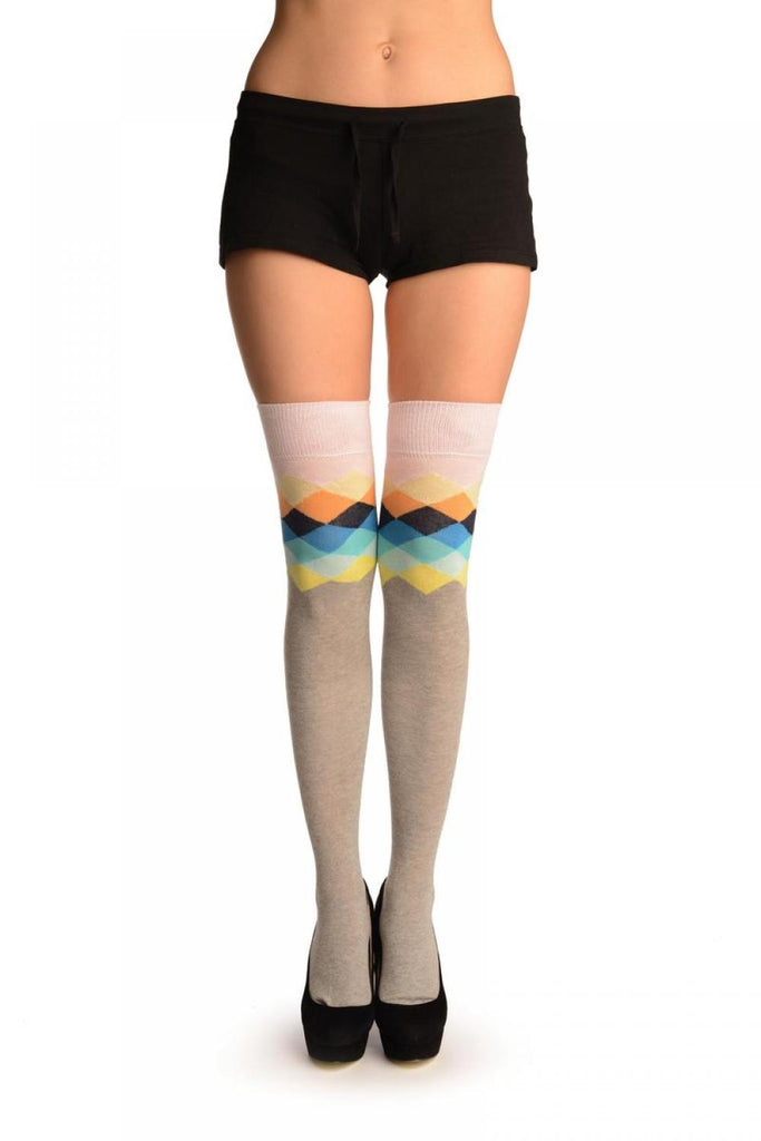 liss kiss Grey With Pink Harlequin Top Over The Knee Socks - Over The Knee Socks