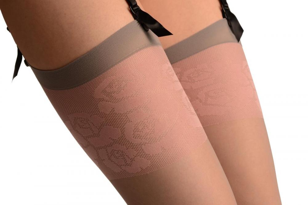 Liss Kiss Grey With Pink Roses On Mesh Stockings - Stockings