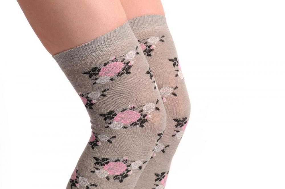 Liss Kiss Grey With Pink & White Flowers - Over The Knee Socks