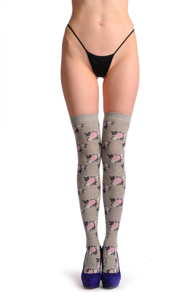Liss Kiss Grey With Pink & White Flowers - Over The Knee Socks