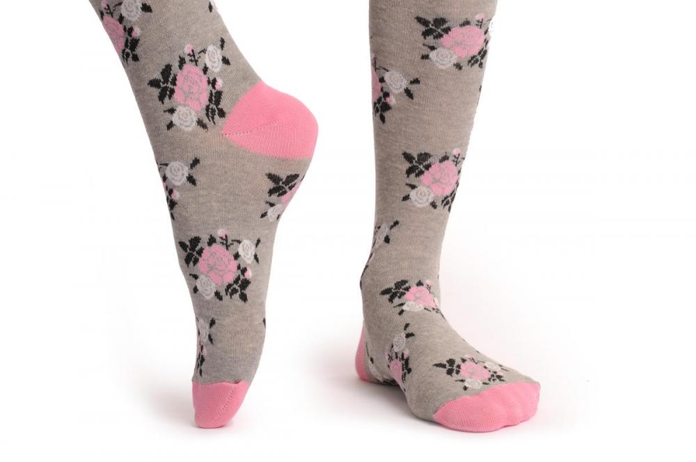 Liss Kiss Grey With Pink & White Flowers - Over The Knee Socks