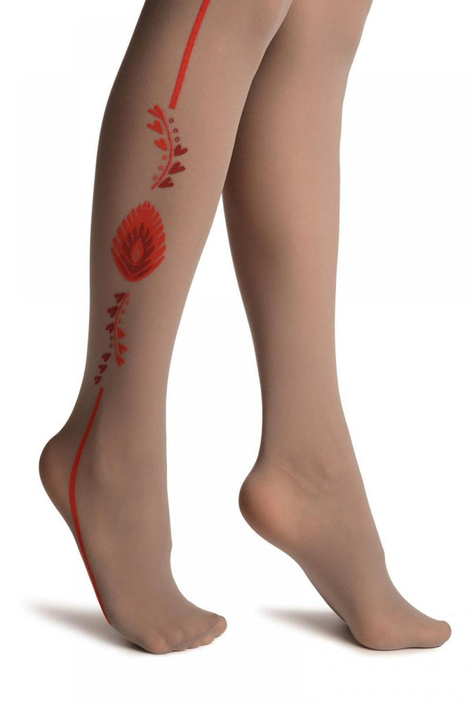 Liss Kiss Grey With Red Side Seam & Peacock Feather - Tights