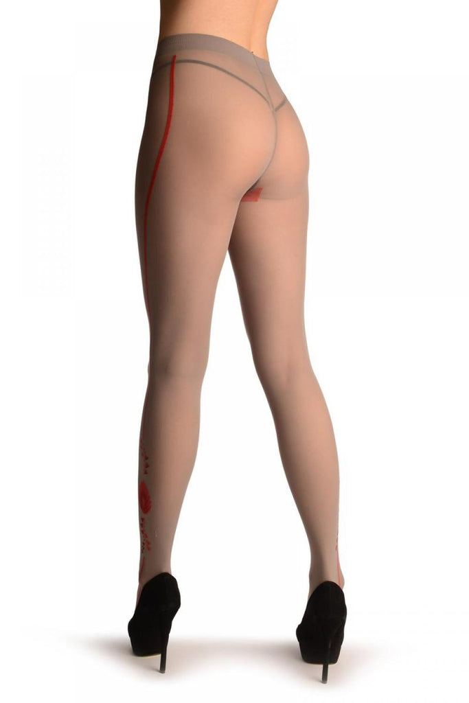 Liss Kiss Grey With Red Side Seam & Peacock Feather - Tights
