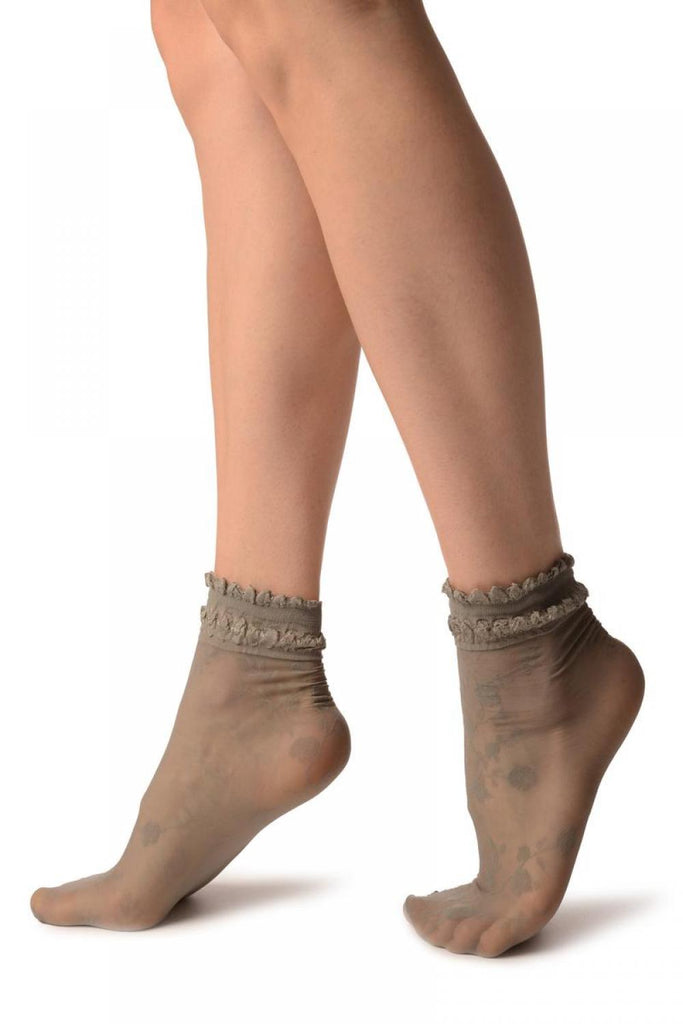 Liss Kiss Grey With Roses And Silky Comfort Top Ankle High Socks - Socks