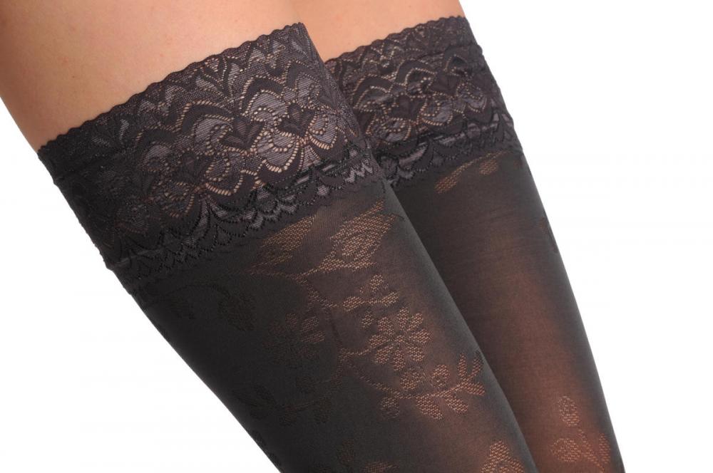 Liss Kiss Grey With Semi Transparent Roses On Top & Floral Silicon Lace Top - Hold Ups