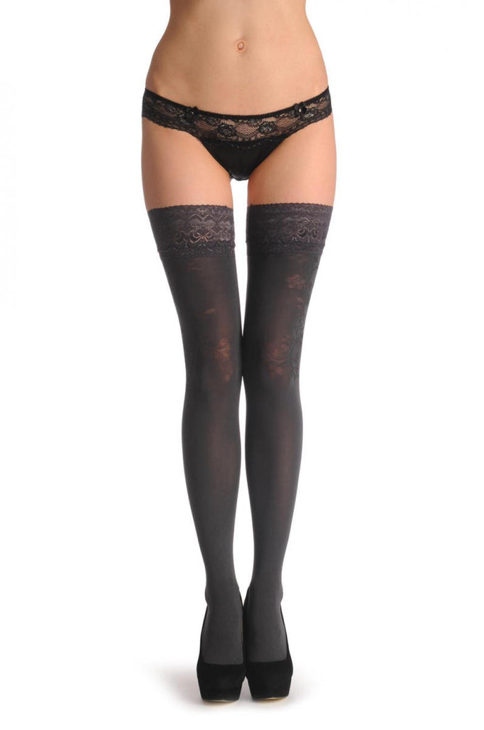 liss kiss Grey With Semi Transparent Roses on Top & Floral Silicon Lace Top - Hold Ups