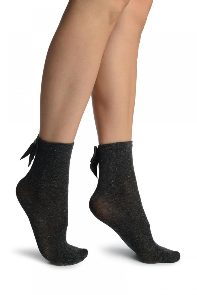 Liss Kiss Grey With Silver Lurex And Black Bow Ankle High Socks - Socks