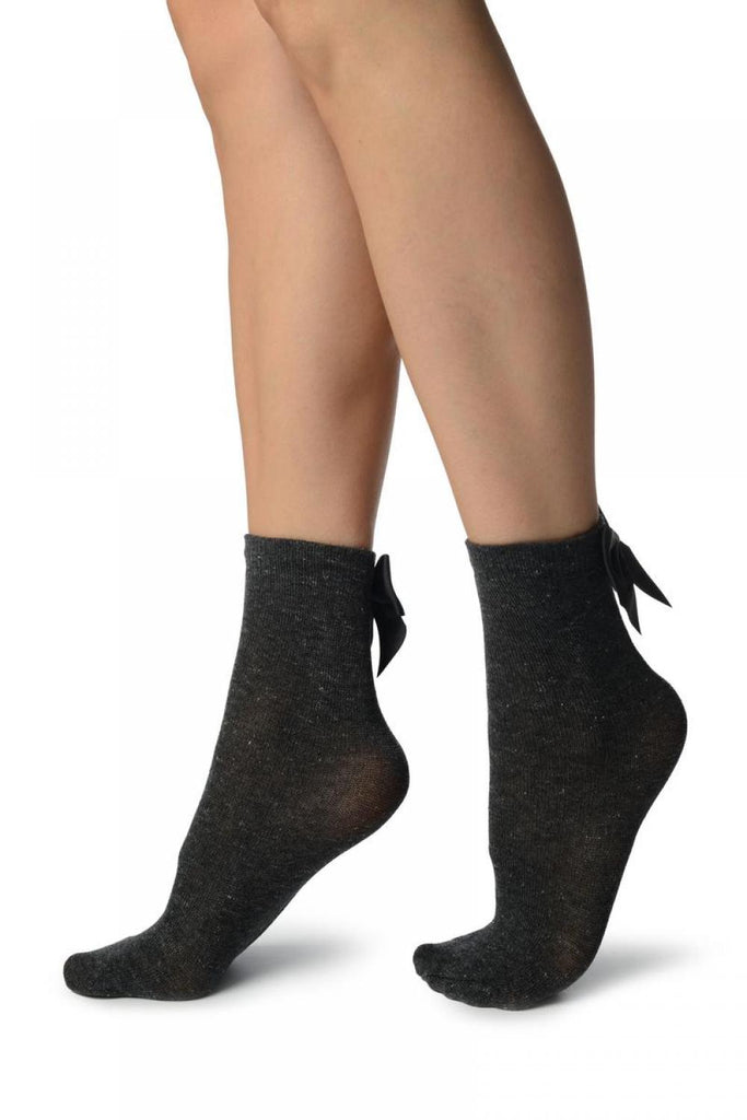 Liss Kiss Grey With Silver Lurex And Black Bow Ankle High Socks - Socks